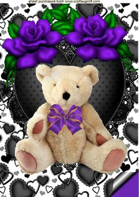 Teddy on Black Lace Heart with Purple Roses A4