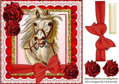 White Horse, with Red Roses & Lace with Bow 8x8