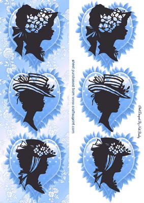 Pretty Vintage Silhouette Ladies in Blue Frill Hearts Dl