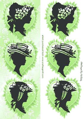 Pretty Vintage Silhouette Ladies in Green Frill Hearts Dl