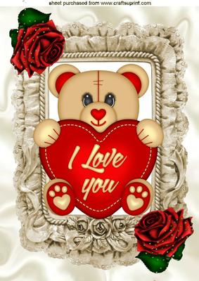 Cute Teddy with Big Red Heart and Roses A4