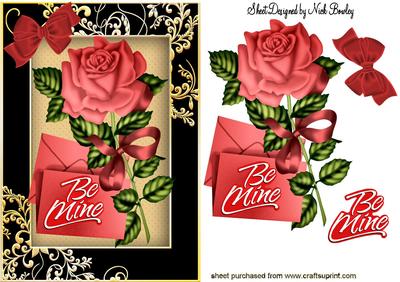 Be Mine! Pretty Red Rose with Letter and Bow in Ornate Frame