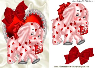 Be Mine! Little Pink Elephant on Frilly Heart with Red Bow