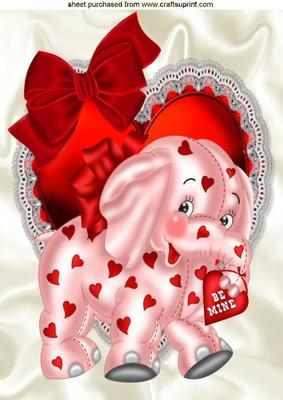 Be Mine! Little Pink Elephant on Frilly Heart with Bow A4