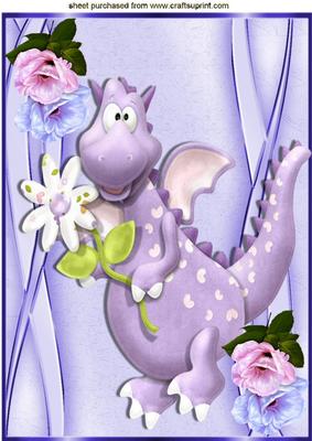 Cute Little Pink Dragon with Flowers, A4