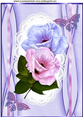 Pretty Pink/lilac Flowers with Jewelled Butterflies & Bow A4