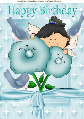 Peek a Boo Little Faerie with Blue Birds and Bow A4