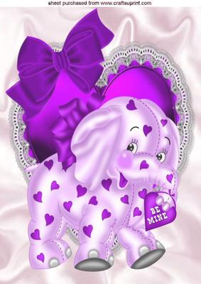 Purple Elephant on Frill Heart with Bow A4