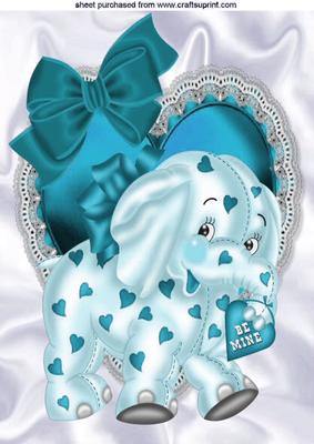 Turq Elephant on Frill Heart with Bow A4