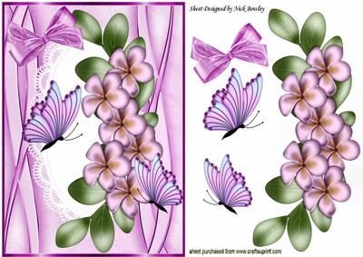 Pink Flowers and Butterflies on Lace with Bow