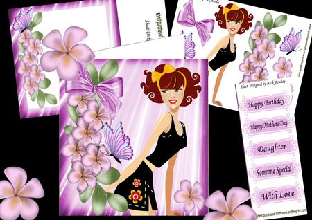 Pretty Flowers with Fashion Girl, Butterflies & Bow 8x8