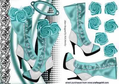 Turq Vintage Boots with Black Lace and Turq Roses