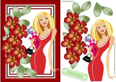 Classy Lady in Red with Her Pooch with Pretty Flowers