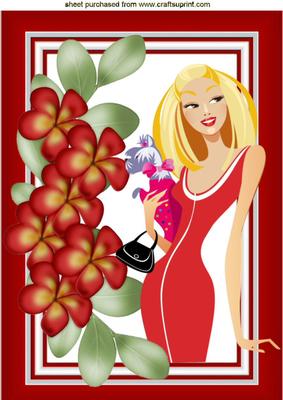 Classy Lady in Red with Her Pooch with Pretty Flowers A4