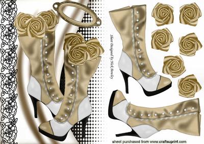 Vintage Gold Boots with Black Lace and Gold Roses