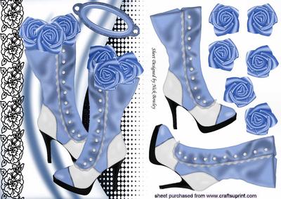 Vintage Powder Blue Boots with Black Lace & Blue Roses