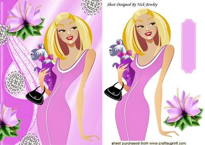 Pink Glam Lady with Pooch with Diamonds and Flower