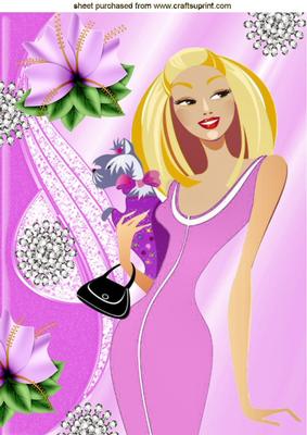 Pink Glam Lady with Pooch with Diamonds and Flower A4