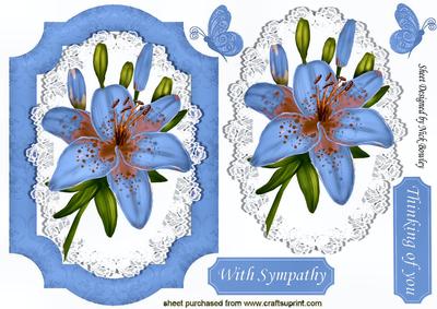 Blue Lily on Lace with Butterflies