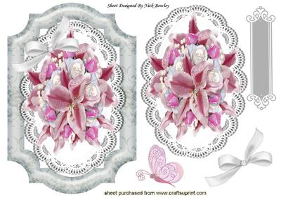 Roses and Pink Lillies on Lace with Bow & Butterfly