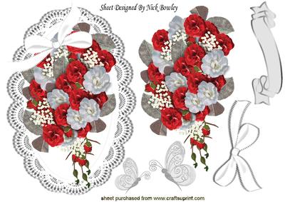 Bouquet of Red and White Roses with Bow on Lace