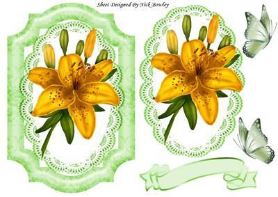 Pretty Yellow Lily on Lace with Green Butterflies