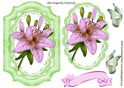 Pink Lily on Lace with Green Butterflies Card and Topper