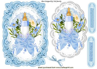 New Baby Boy, Bottle and Bows on Card, Lace & Topper