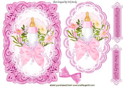 New Baby Girl, Bottle and Bows on Card, Lace & Topper