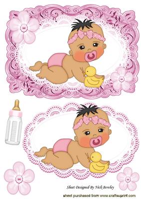 Crawling Baby Girl with Her Bottle, Card, Lace Topper