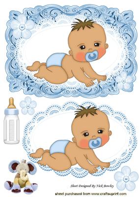 Crawling Baby Boy with His Bottle, Card, Lace Topper