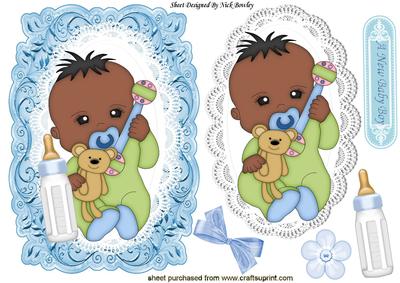 Ethnic Baby Boy with His Bottle on Card, Lace Topper
