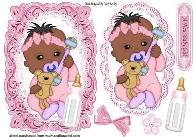 Ethnic Baby Girl with Her Bottle on Card, Lace Topper
