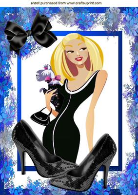Pretty Lady in Blue Flowered Frame with Black Satin Bow A4