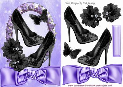 Black Sequin Shoes with Flower in Purple Rose Frame with Bow