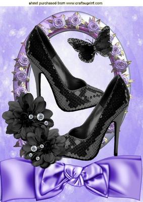 Black Sequin Shoes with Flower in Purple Rose Frame A4