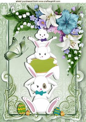Eater Bunnies Playing with Spring Flowers and Butterfly A4