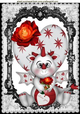Cute Valentine Dragon with Roses in Black Lace Frame A4