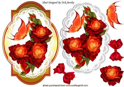 Red and Gold Roses on Lace with Butterfly