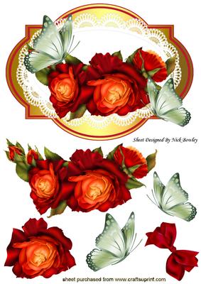 Red and Gold Roses on Lace with Green Butterfly