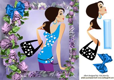 Trendy Girl with Lilac Roses, and Big Blue Bow 8x8