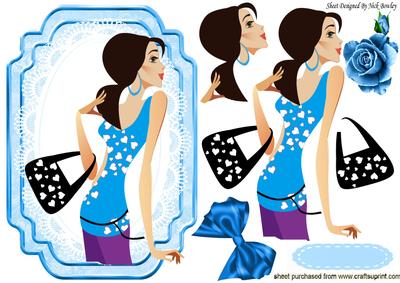 Trendy Girl with Blue Roses, and Blue Bow on Lace