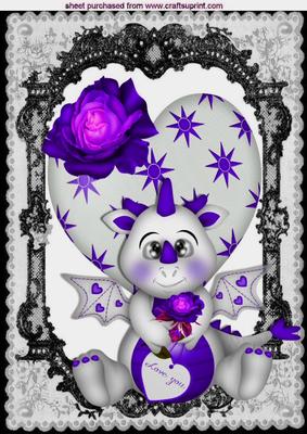 Cute Valentine Dragon in Purple Roses in Black Lace Frame A4