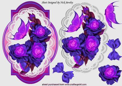 Purple/pink Roses on Lace with Butterflies and Bows