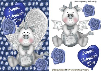 Little Silver Dragon on Blue Fur with Heart and Roses