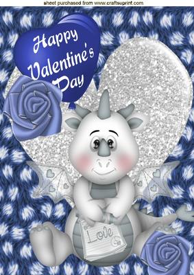 Little Silver Dragon on Blue Fur with Heart and Roses A4