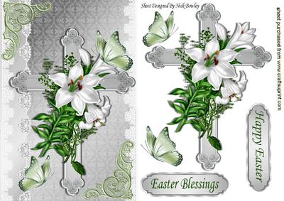 Easter Blessings, with Cross, White Lillies & Butterflies