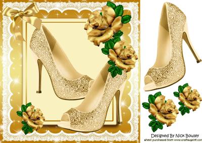 Pretty Gold Shoes, with Gold Roses and Lace 8x8