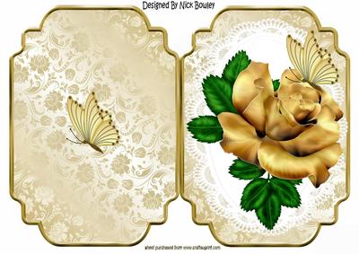 Pretty Gold Rose on Lace with Butterflies Quick Card
