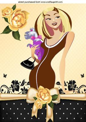 Pretty Lady with Pooch with Bow and Peach Roses A4
